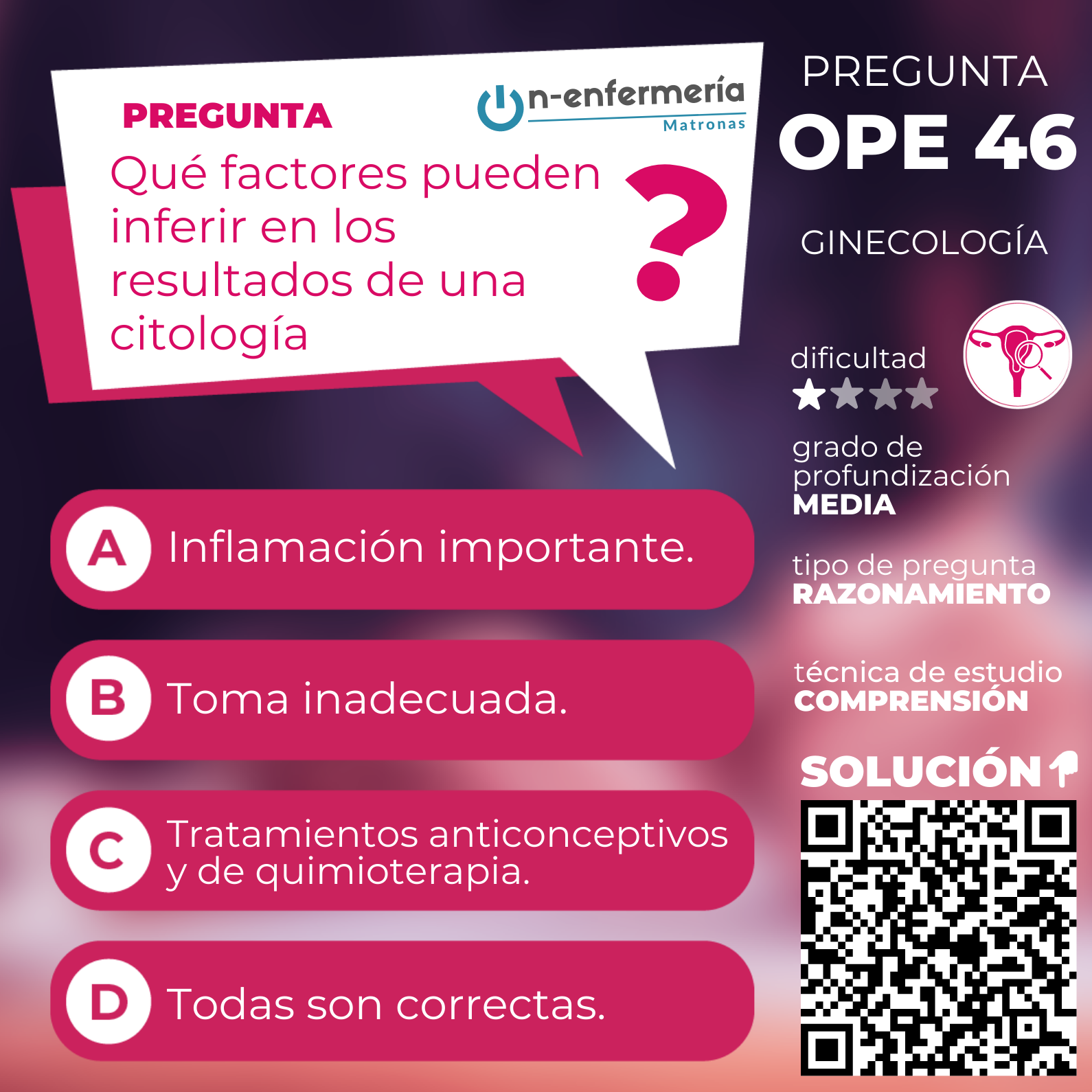 Pregunta examen OPE Matronas nº 46 Ginecología - Cuidados en la salud reproductiva de la mujer